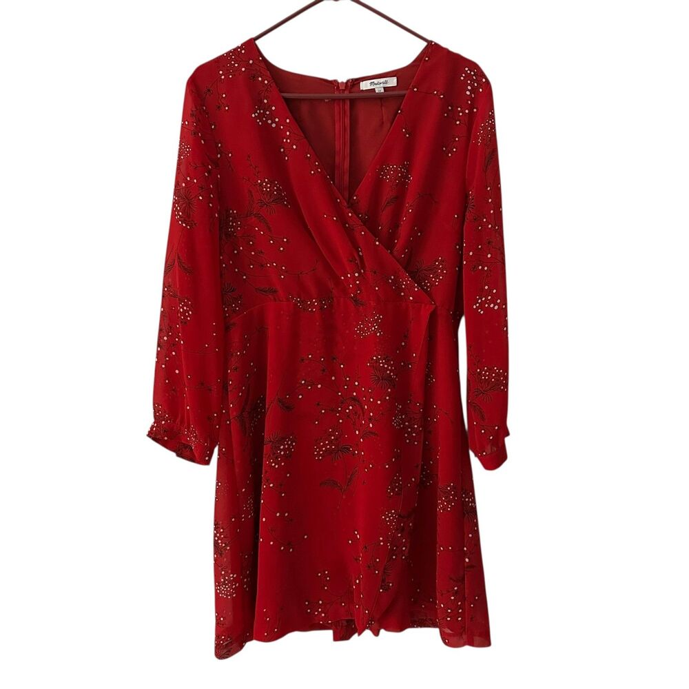 Madewell Red Floral V-Neck Polyester Wrap Mini Dress 3/4 Sleeves Size 12